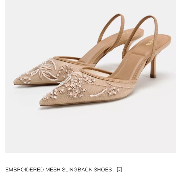 Zara Tan Embroidered Slingback Heels - Picture 1 of 6